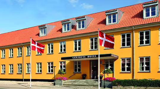En gul tvåvånings hotellbyggnad med röda takpannor, kantad av takkupor. Två danska flaggor är framme, och en trappa leder till en täckt entré. Ljusa blommor flankerar stegen under en klarblå himmel.