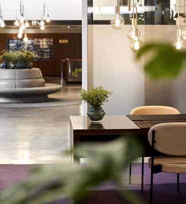En elegant, modern hotellobby med en reception i trä med en krukväxt, hängande lampor och en rund sittgrupp i bakgrunden. Scenen är delvis skymd av grönt lövverk i förgrunden.