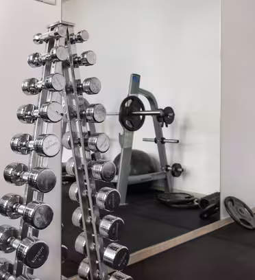 Ett modernt gym har ett vertikalt stativ med silverhantlar placerade bredvid en stor spegel. I bakgrunden finns en skivstång på ett squatställ och olika vikter ligger utspridda på golvet.