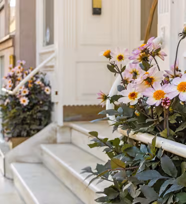 Rosa och vita blommor med gula mittpunkter i planteringskärl pryder trappan till en charmig byggnadsingång. Gatan kantas av andra byggnader och det mjuka dagsljuset förstärker den mysiga, urbana atmosfären.