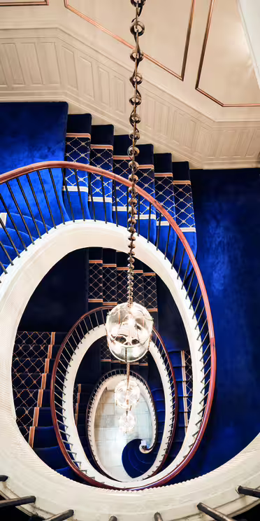 En spiraltrappa går ner, svänger elegant med en elegant, mörk ledstång och blå heltäckningstrappor. En modern, långsträckt armatur hänger genom mitten och ger ett varmt sken i kontrast till de vita väggarna och taket.